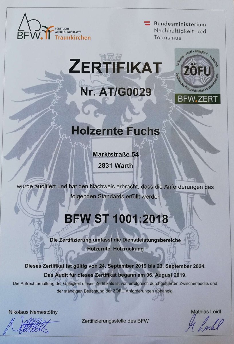 Zertifikat von Holzernte Fuchs